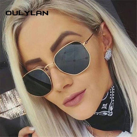 Oulylan Fashion Sunglasses Women Brand Designer Small Frame Polygon Clear Lens Sun Glasses Men Vintage Hexagon Metal Frame
