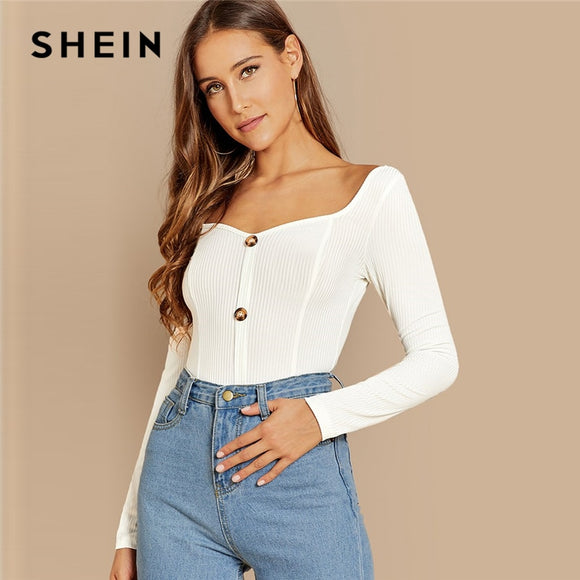 SHEIN Office Lady Button Front Ribbed Knit  Deep V