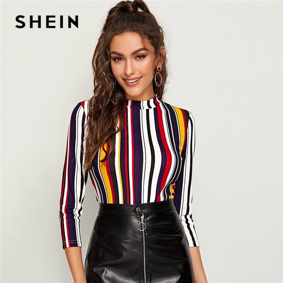 SHEIN Multicolor Mock-neck Form Fitted Striped Top Slim