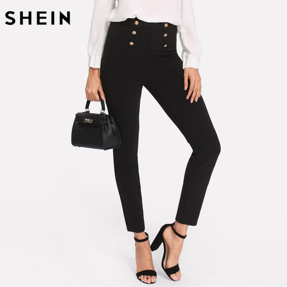 SHEIN Black Work Zipper Women Pants Capris Spring Trousers Skinny Sailor Pants  Double Button Mid Waist Casual Pants