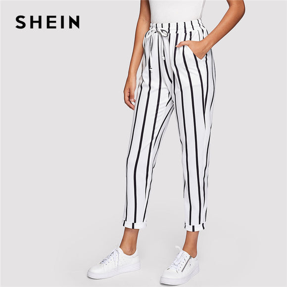 SHEIN Black and White Casual Drawstring Waist Striped High Waist Tapered Carrot Pants Summer Women Going Out Trousers