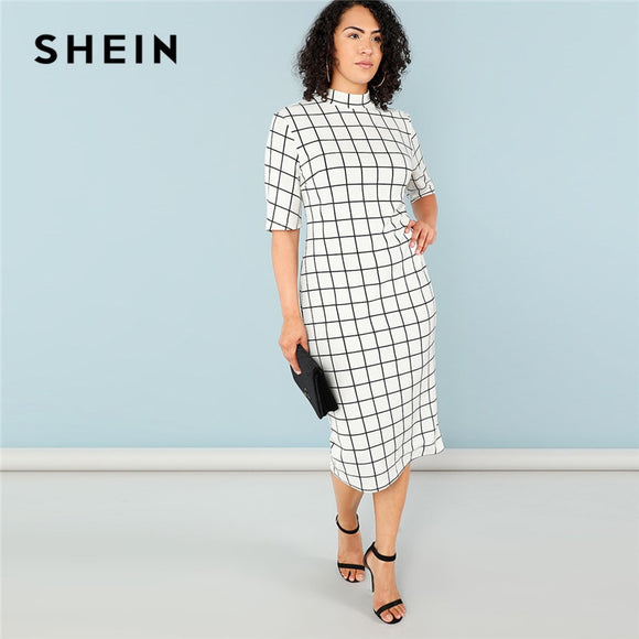 SHEIN Elegant Plaid Bodycon Plus Size Long Pencil Dresses
