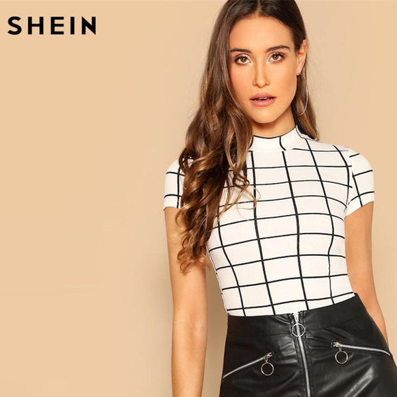 SHEIN Black and White Plaid Peplum Stand Collar Belted Top