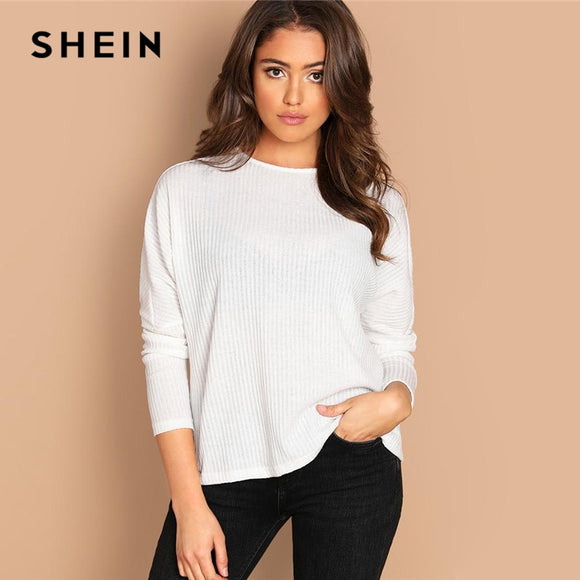 SHEIN White Solid Rib-Knit Tee Plain Minimalist Round Neck Long Sleeve Stretchy Casual 2019 Spring Elegant Women T-shirt Tops