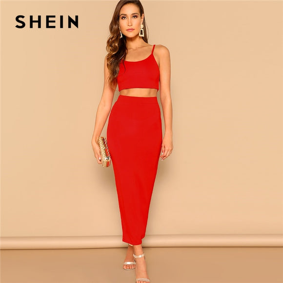 SHEIN Sexy Red Crop Cami Spaghetti Strap Top and Bodycon Pencil Skirt Set Women 2019 Summer Elegant Party Solid Two Piece Sets