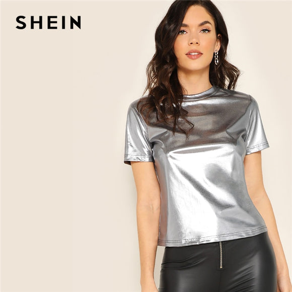 SHEIN Silver Short Sleeve Metallic Round Neck Top Summer