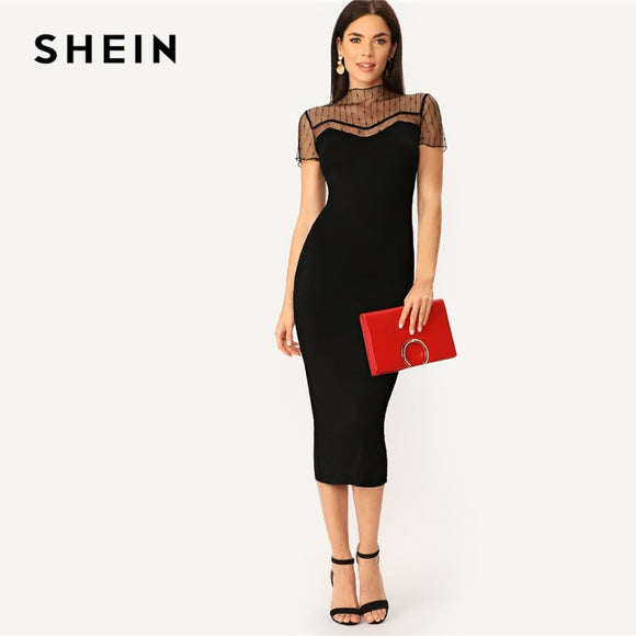 SHEIN Black Striped Mesh Yoke Pencil Straight Plain Dress Women