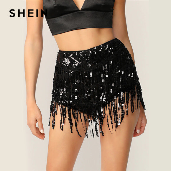 SHEIN Glamorous Black Exposed Zip Back Fringe Sequin High Waist Shorts Women Summer Autumn Solid Highstreet Skinny Sexy Shorts