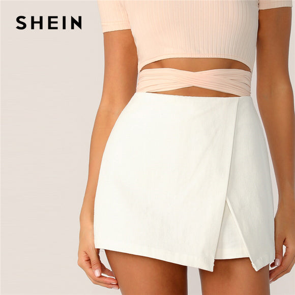 SHEIN Zipper Fly Back Solid Wrap Skort 2019 White Spring Summer Autumn Shorts Elegant Culottes Mid Waist Women Shorts