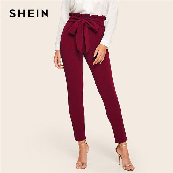 SHEIN Elegant Frill Trim Bow Belted Detail Solid High Waist Pants Women Clothing Fashion Elastic Waist Skinny Carrot Pants