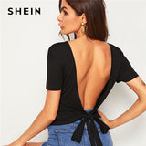 SHEIN Black or White Tied Open Back Solid Top Summer Round Neck T Shirt Women Solid Slim Fit Backless Short Sleeve Sexy T-shirts