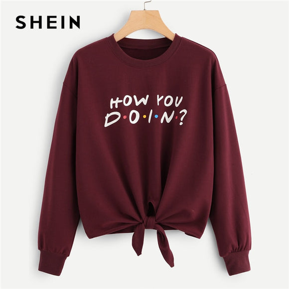 SHEIN Burgundy Knot Front Letter Print Drop Shoulder Sweatshirt