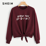 SHEIN Burgundy Knot Front Letter Print Drop Shoulder Sweatshirt