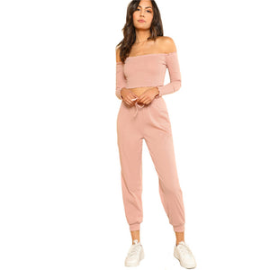 SHEIN Women 2 Piece Set Top and Pants Casual Woman Set Off the Shoulder Crop Bardot Top and Drawstring Pants Set