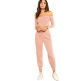 SHEIN Women 2 Piece Set Top and Pants Casual Woman Set Off the Shoulder Crop Bardot Top and Drawstring Pants Set