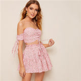 SHEIN Boho Ruched Front Shirred Crop Top And Ditsy Floral Skirt Set Women Two Piece Outfits Summer Sexy Beach Matching Sets