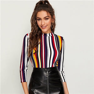 SHEIN Multicolor Mock-neck Form Fitted Striped Top Slim