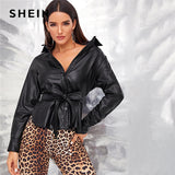 SHEIN Black Single Breasted Belted Faux Leather Jacket Coat