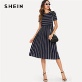 SHEIN Navy Elegant Round Neck Short Sleeve Mixed Stripe Natural Waist