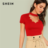 SHEIN Red Elegant Mock Neck Scallop Trim Cut Out V