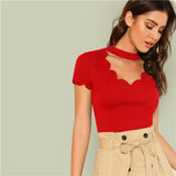 SHEIN Red Elegant Mock Neck Scallop Trim Cut Out V