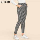 SHEIN Drawstring Waist Houndstooth Pants Mid Waist Straight