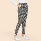 SHEIN Drawstring Waist Houndstooth Pants Mid Waist Straight