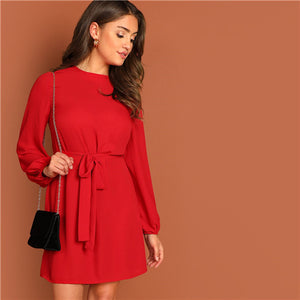 SHEIN Keyhole Back Waist Belted A Line Knot Plain Round Neck Dress Women Autumn Highstreet Fit and Flare Casual Dresses