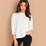 SHEIN White Solid Rib-Knit Tee Plain Minimalist Round Neck Long Sleeve Stretchy Casual 2019 Spring Elegant Women T-shirt Tops