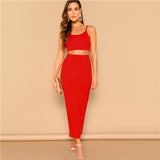 SHEIN Sexy Red Crop Cami Spaghetti Strap Top and Bodycon Pencil Skirt Set Women 2019 Summer Elegant Party Solid Two Piece Sets