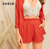 SHEIN Orange Frilled Trim Slant Pocket Pleated Front Elastic Waist Solid Shorts Women Summer Mid Waist 2019 Casual Shorts