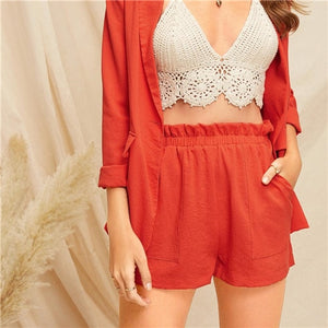 SHEIN Orange Frilled Trim Slant Pocket Pleated Front Elastic Waist Solid Shorts Women Summer Mid Waist 2019 Casual Shorts