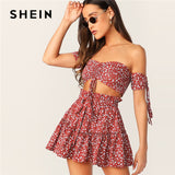 SHEIN Boho Ruched Front Shirred Crop Top And Ditsy Floral Skirt Set Women Two Piece Outfits Summer Sexy Beach Matching Sets