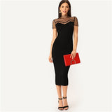 SHEIN Black Striped Mesh Yoke Pencil Straight Plain Dress Women