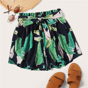 SHEIN Bohemian Belted Paperbag Waist Tropical Print Shorts Women 2019 Beach Vacation Casual Elastic Waist Summer Shorts