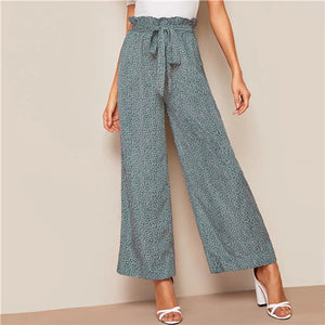 SHEIN Paperbag Waist Ditsy Floral Wide Leg Pants 2019 Elegant High Waist Women Spring Autumn Loose Trousers Wide Leg Pants