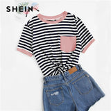 SHEIN Casual Pocket Patched Striped Ranger T Shirt Women Tops Summer Preppy Regular Short Sleeve Round Neck Ladies Tshirt