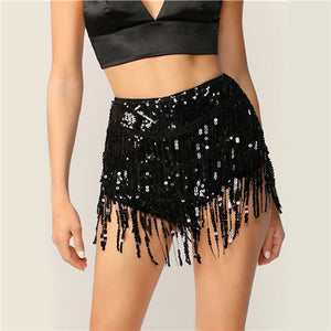 SHEIN Glamorous Black Exposed Zip Back Fringe Sequin High Waist Shorts Women Summer Autumn Solid Highstreet Skinny Sexy Shorts