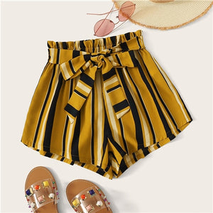 SHEIN Paperbag Waist Self Belted Striped Shorts 2019 Summer Elastic Waist Shorts Boho Ginger High Waist Culottes Shorts