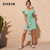 SHEIN Button Front Self Tie Shirt Mini Dress Women Cute