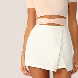 SHEIN Zipper Fly Back Solid Wrap Skort 2019 White Spring Summer Autumn Shorts Elegant Culottes Mid Waist Women Shorts