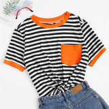 SHEIN Casual Pocket Patched Striped Ranger T Shirt Women Tops Summer Preppy Regular Short Sleeve Round Neck Ladies Tshirt