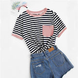 SHEIN Casual Pocket Patched Striped Ranger T Shirt Women Tops Summer Preppy Regular Short Sleeve Round Neck Ladies Tshirt