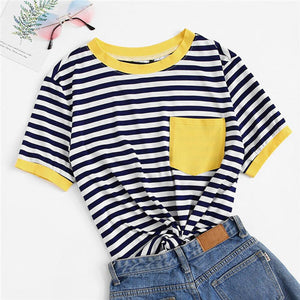 SHEIN Casual Pocket Patched Striped Ranger T Shirt Women Tops Summer Preppy Regular Short Sleeve Round Neck Ladies Tshirt