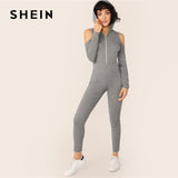 SHEIN Zipper Fly Cold Shoulder Hoodie Skinny Jumpsuit Spring Autumn Grey High Waist Jumpsuit Athleisure Solid Women Jumpsuit