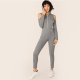 SHEIN Zipper Fly Cold Shoulder Hoodie Skinny Jumpsuit Spring Autumn Grey High Waist Jumpsuit Athleisure Solid Women Jumpsuit