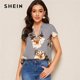 SHEIN Floral Print V-cut Neck Dip Hem Top Blouse Women Summer Boho Casual Cap Sleeve Asymmetrical Hem Womens Tops and Blouses