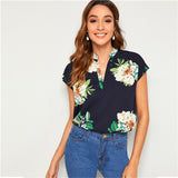 SHEIN Floral Print V-cut Neck Dip Hem Top Blouse Women Summer Boho Casual Cap Sleeve Asymmetrical Hem Womens Tops and Blouses