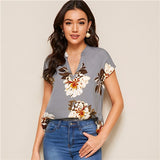 SHEIN Floral Print V-cut Neck Dip Hem Top Blouse Women Summer Boho Casual Cap Sleeve Asymmetrical Hem Womens Tops and Blouses