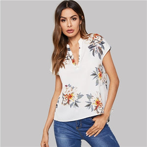 SHEIN Floral Print V-cut Neck Dip Hem Top Blouse Women Summer Boho Casual Cap Sleeve Asymmetrical Hem Womens Tops and Blouses